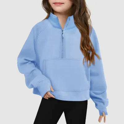 Kids Girls' Fashion Casual Autumn Solid Color Half-Zipper Long-Sleeve Loose Sweatshirt