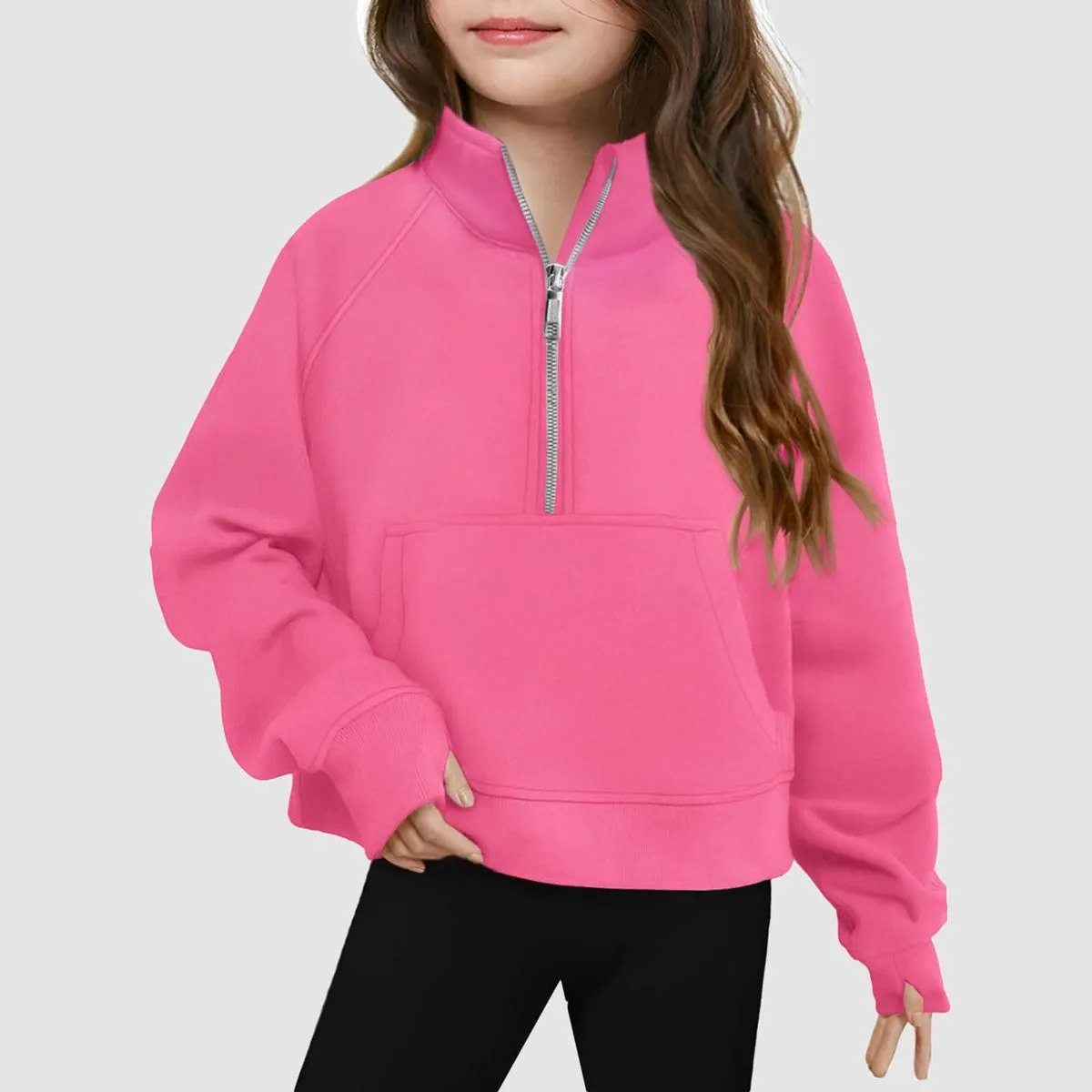 Kids Girls' Fashion Casual Autumn Solid Color Half-Zipper Long-Sleeve Loose Sweatshirt