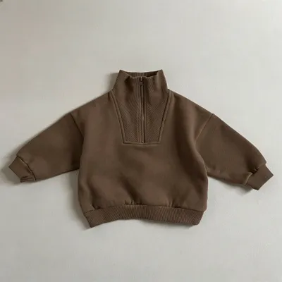 Kids Boys And Girls Fashion Casual Solid Color Half-Zip Fleece-Lined Long Sleeve Cotton Sweatshirt