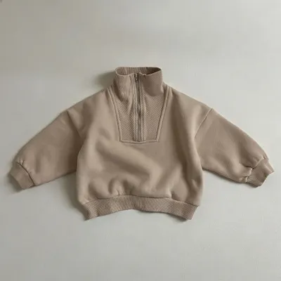 Kids Boys And Girls Fashion Casual Solid Color Half-Zip Fleece-Lined Long Sleeve Cotton Sweatshirt
