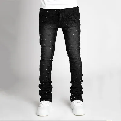 Men's Fashion Creative Straight Stretch Pearl Decoration Jeans