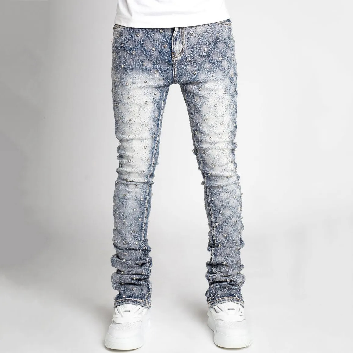 Men's Fashion Creative Straight Stretch Pearl Decoration Jeans