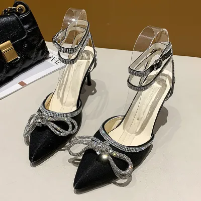 Women Rhinestone Bowknot Pointed Thin High Heel Shoes