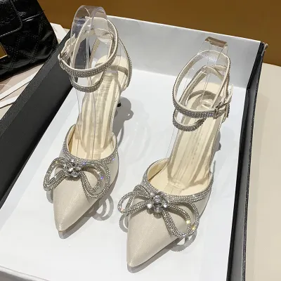 Women Rhinestone Bowknot Pointed Thin High Heel Shoes