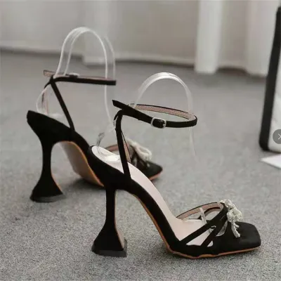 Women's Rhinestone Bowknot Square Toe High Heel Shoes Patent Leather