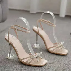 Women's Rhinestone Bowknot Square Toe High Heel Shoes Patent Leather
