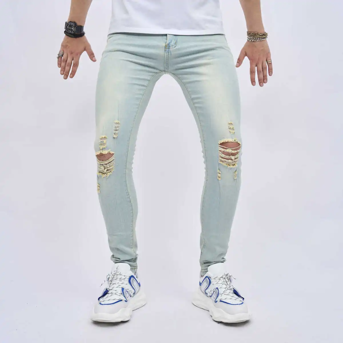 Men'S Fashion High Stretch Ripped Slim-Fit Long Jeans