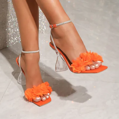 Women Fashion Sexy Flower Decoration Rhinestone Strap Peep Toe High Heels Shoes