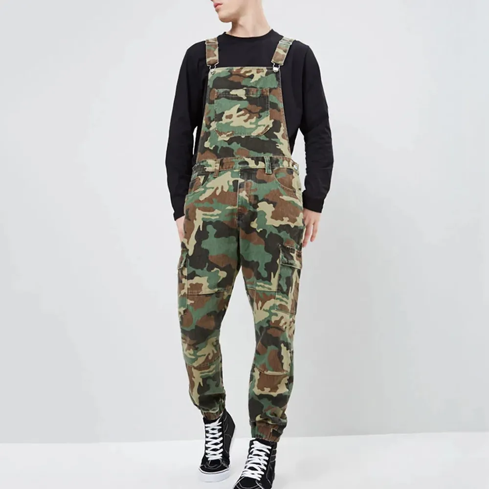 Men Fashion Camouflage Multi-Bag Denim Overalls