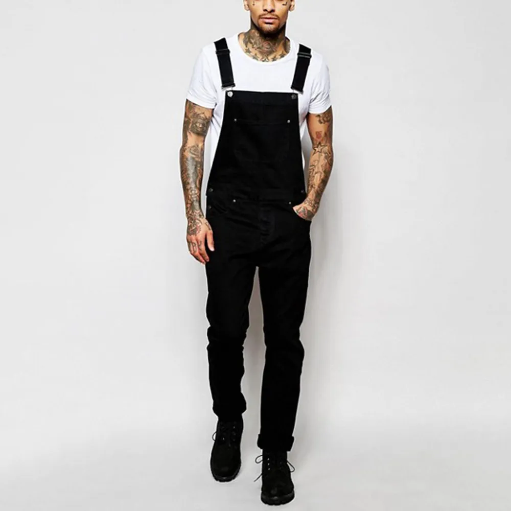 Men Casual Straight Leg Solid Denim Overalls with Suspenders