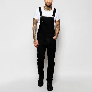 Men Casual Straight Leg Solid Denim Overalls with Suspenders