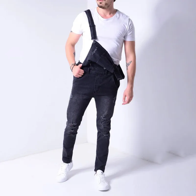 Men Fashion Ripped Denim Suspenders Overalls Long Straight Mid-Waist