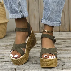 Women's Fashion Casual Solid Color Hemp Rope Platform Wedge Sandals Flannel Upper