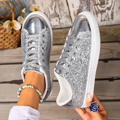 Women Fashion Casual Solid Color Sequin Round-Toe Lace-Up Sneakers