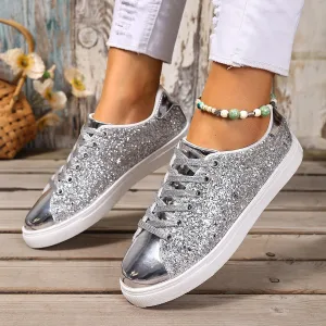 Women Fashion Casual Solid Color Sequin Round-Toe Lace-Up Sneakers