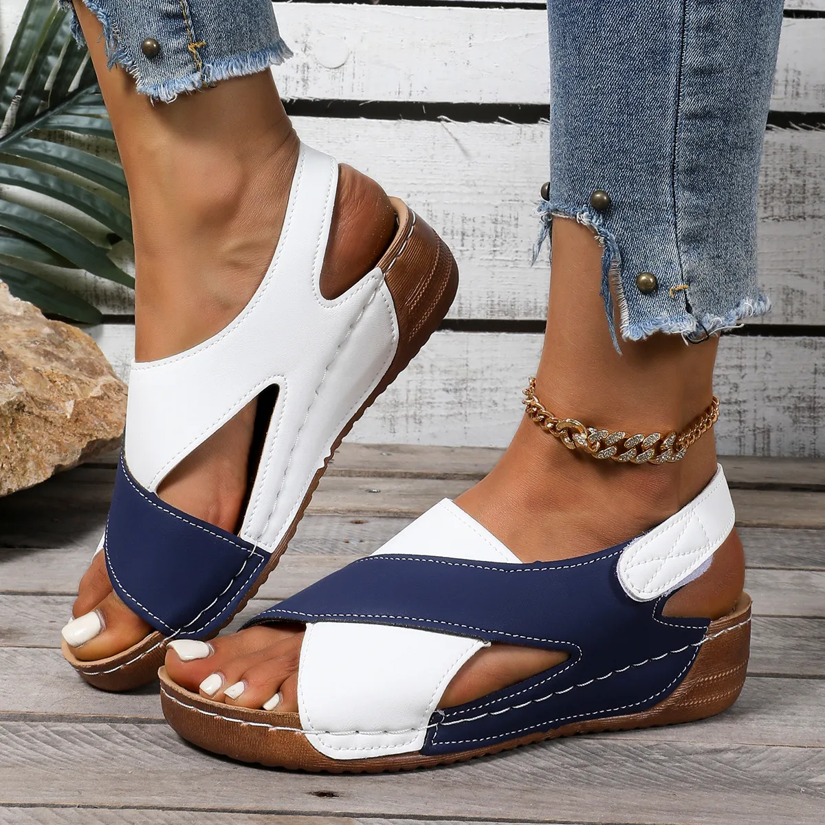 Women Fashion Casual Colorblock Velcro Platform Wedge Sandals