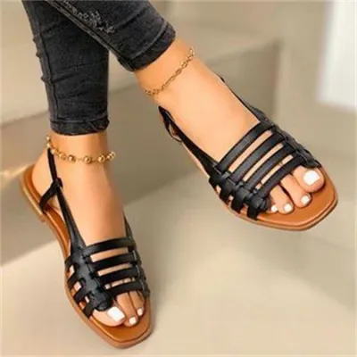 Women Fashion Casual Solid Color Woven Flat Sandals Plus Size
