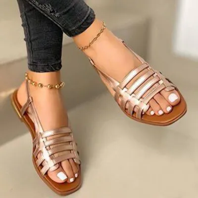 Women Fashion Casual Solid Color Woven Flat Sandals Plus Size