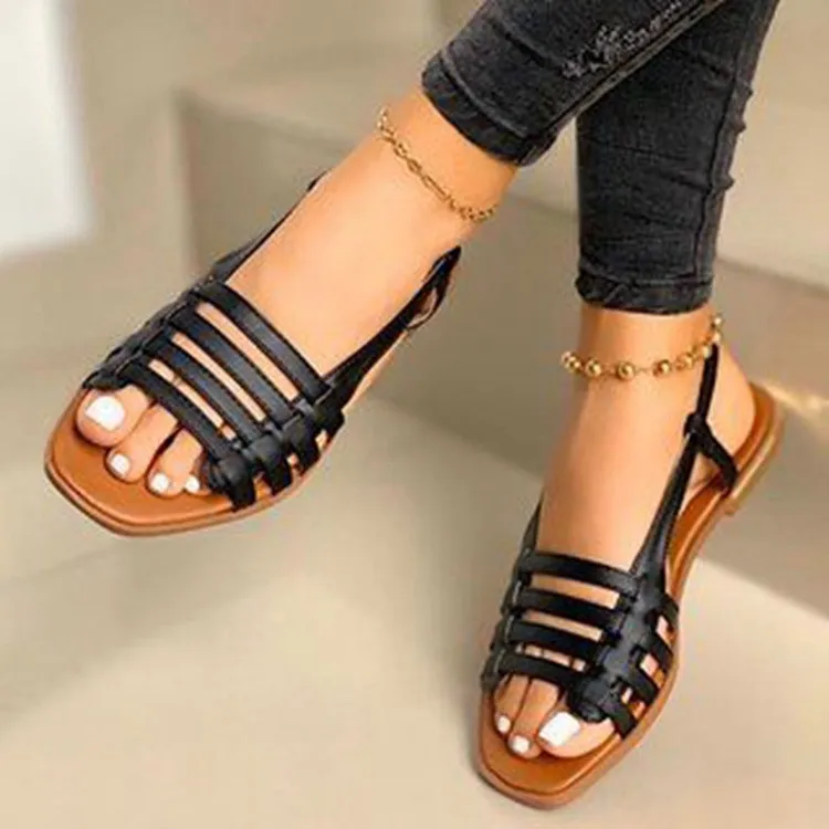 Women Fashion Casual Solid Color Woven Flat Sandals Plus Size