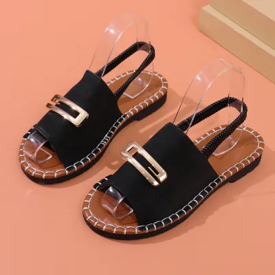 Women's Fashion Casual Solid Color Metal Buckle Flat Beach Sandals