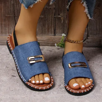 Women's Fashion Casual Solid Color Metal Buckle Flat Beach Sandals