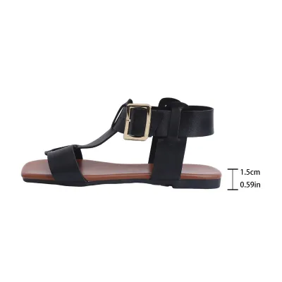 Women Fashion Casual Solid Color Square Toe Flat PU Sandals Plus Size