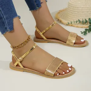 Women Fashion Simple Solid Color Rhinestone Flat Sandals Plus Size