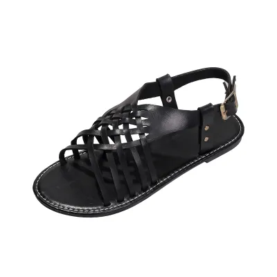 Women Fashion Casual Solid Color Flat PU Woven Sandals Plus Size