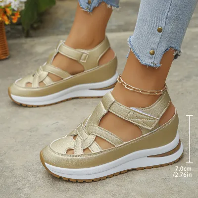 Women's Fashion Casual Solid Velcro Wedge Platform Sandals