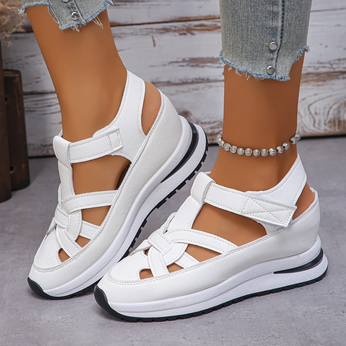 Women's Fashion Casual Solid Velcro Wedge Platform Sandals