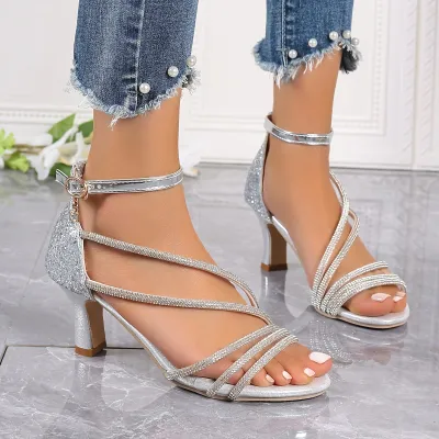 Women Fashion Rhinestone Strap High Heel Shoes with PU Lining Rubber Sole
