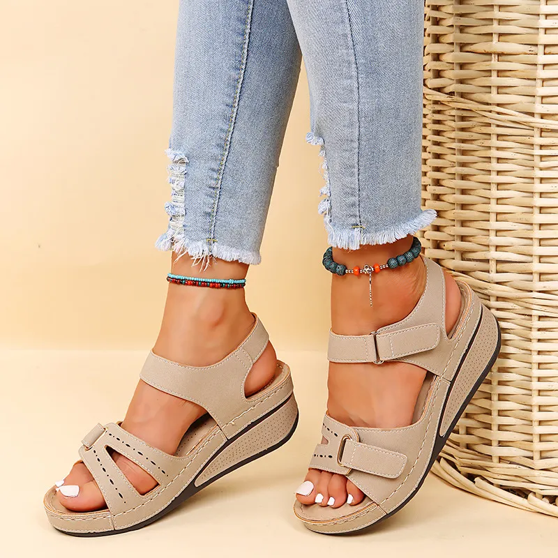 Women Fashion Casual Solid Color Peep-Toe Wedge Sandals with Velcro