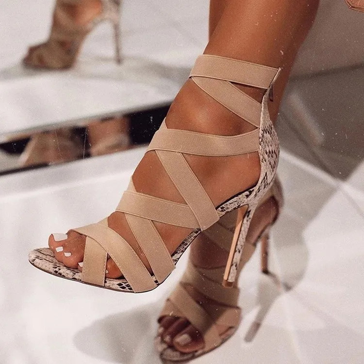 Women Fashion Sexy Snake Pattern Wrapping Straps Peep-Toe High Heels