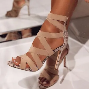 Women Fashion Sexy Snake Pattern Wrapping Straps Peep-Toe High Heels