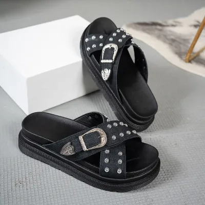 Women Fashion Cross Thick Bottom Buckle Rivet Thick Sole Slippers