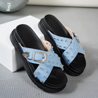 Women Fashion Cross Thick Bottom Buckle Rivet Thick Sole Slippers