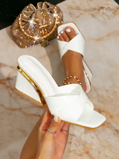 Women's Casual Printed Square-Toe Wedge Slippers Platform Shoes
