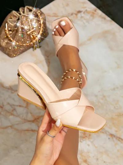 Women's Casual Printed Square-Toe Wedge Slippers Platform Shoes