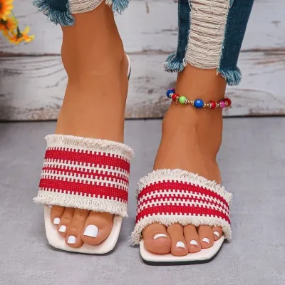 Women Fashion Casual Colorblock Cloth Tassel Flat Slippers Plus Size