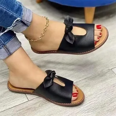 Women Fashion Casual Solid Color Bowknot Flat Slippers Plus Size