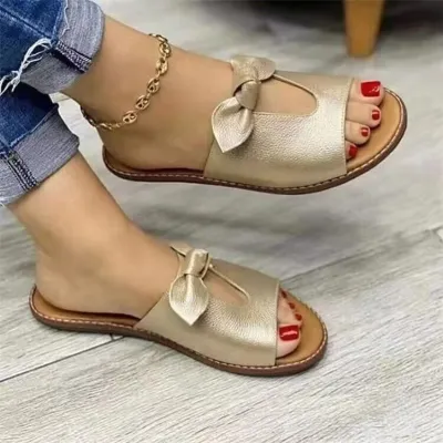 Women Fashion Casual Solid Color Bowknot Flat Slippers Plus Size