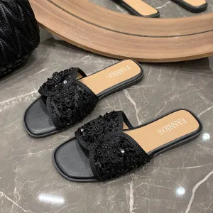 Women's Elegant Solid Color Sequins Buckle Flat Slippers Plus Size