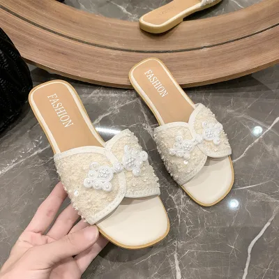 Women's Elegant Solid Color Sequins Buckle Flat Slippers Plus Size