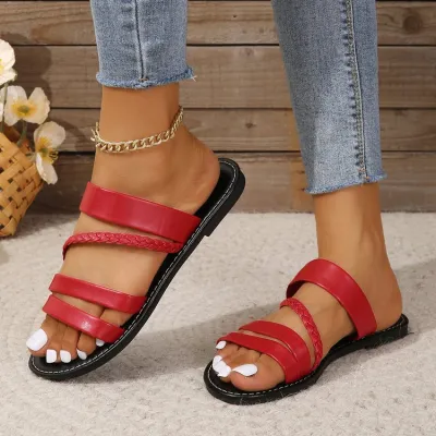 Women's Fashion Casual Solid Color Thin Strap Flat PU Slippers Plus Size