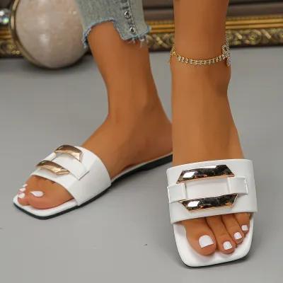 Women Fashion Casual Solid Color Metal Buckle Square-Toe Flat Slippers Plus Size