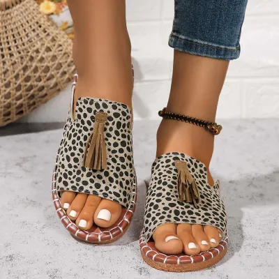 Women's Fashion Leopard Tassel Flat Beach Slippers Plus Size
