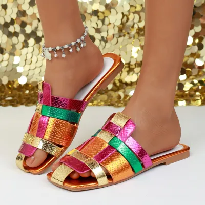 Women Candy Color Woven Flat Beach Slippers Plus Size