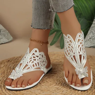 Women Fashion Casual Hollow-Out Rhinestone Butterfly Feather Flip-Toe Slippers Plus Size