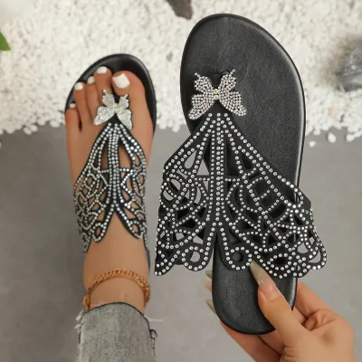 Women Fashion Casual Hollow-Out Rhinestone Butterfly Feather Flip-Toe Slippers Plus Size