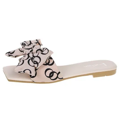 Women's Fashion Casual Solid Color Bowknot Square-Toe Flat Slippers Plus Size